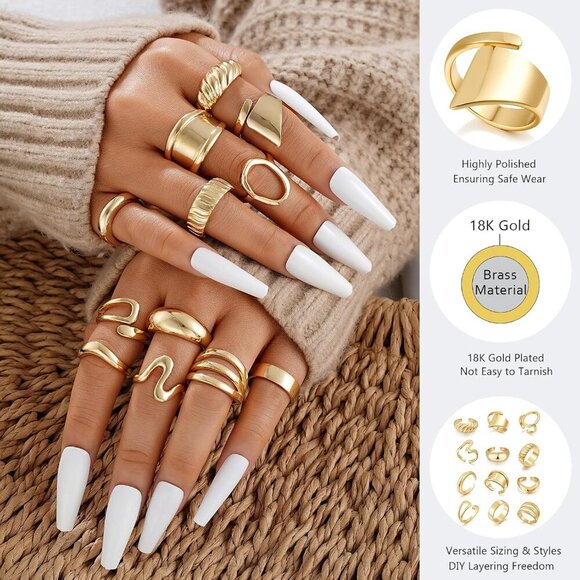 12 PCS Chunky Gold Rings for Women Non Tarnish, 18K Gold Plated Statement Open S - Picture 4 of 6